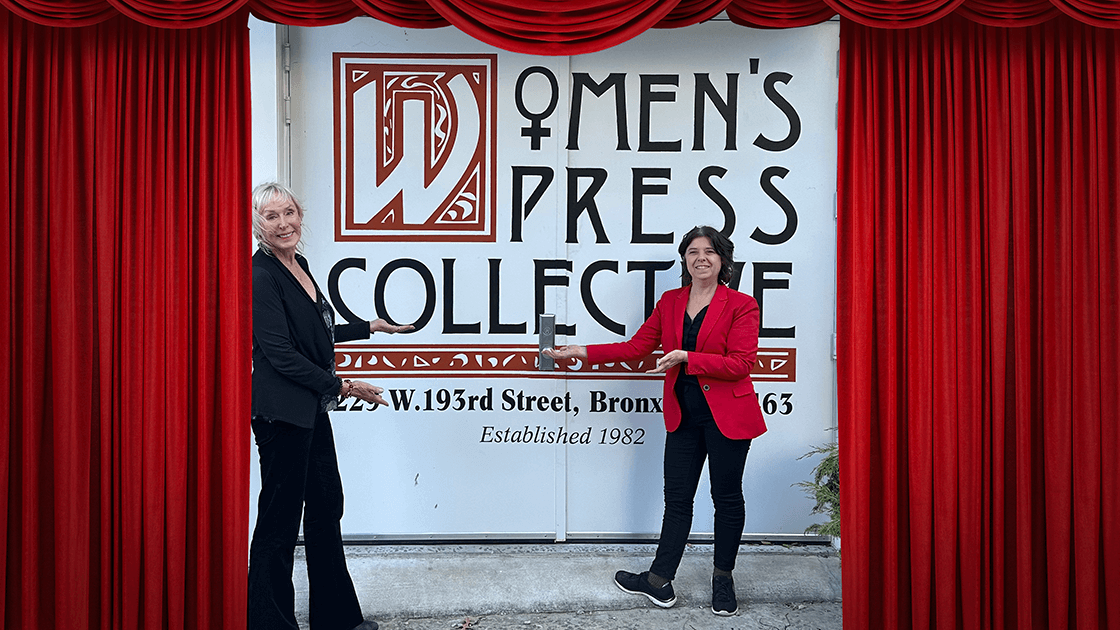 Janet Steiner of Trade Works USA touring the Women's Press Collective facility in New York, empowering futures in skilled trades.